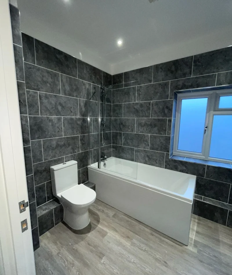 bathroom fitting dark grey tiled walk in shower st albans